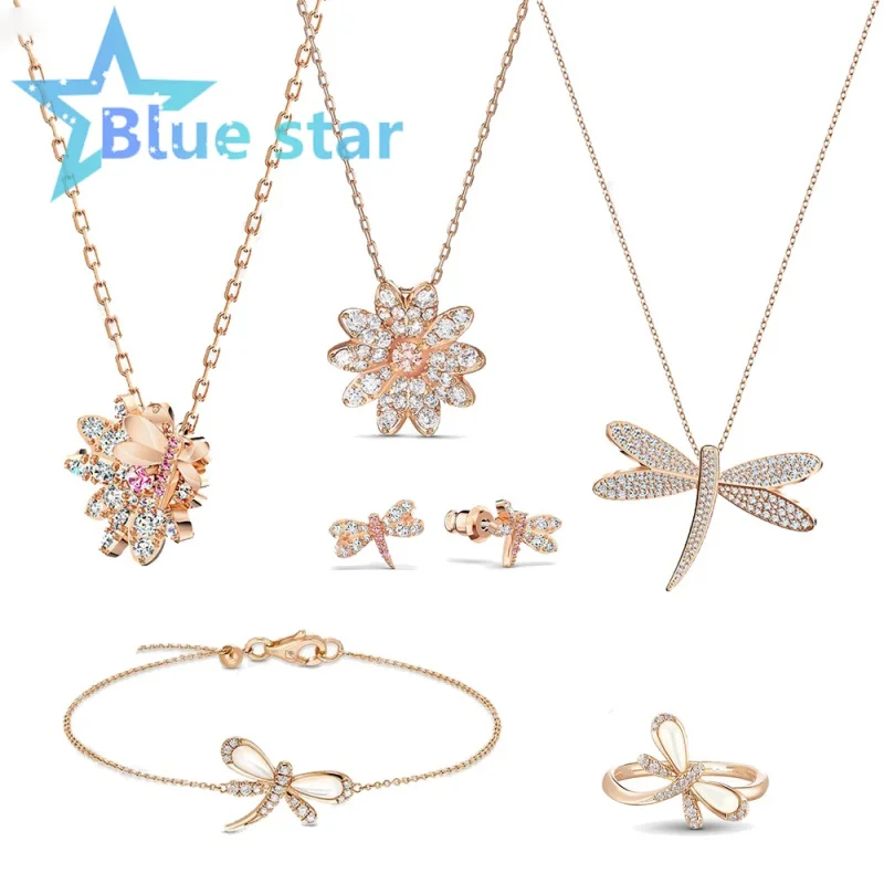 

High Quality SWA, Brand New. Flower Shape Dragonfly Pendant for Women Necklace Elegant Jewel Gift for Women
