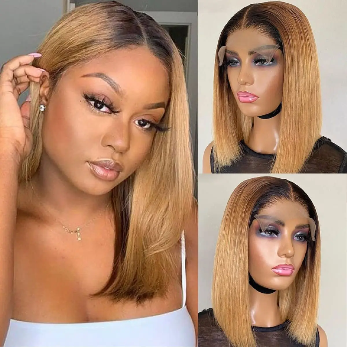 

Brown Ombre Wig Short Bob Wig Human Hair Ombre 13x5x1 Lace Front Wig With Baby Hair Human Hair Wigs For Black Women
