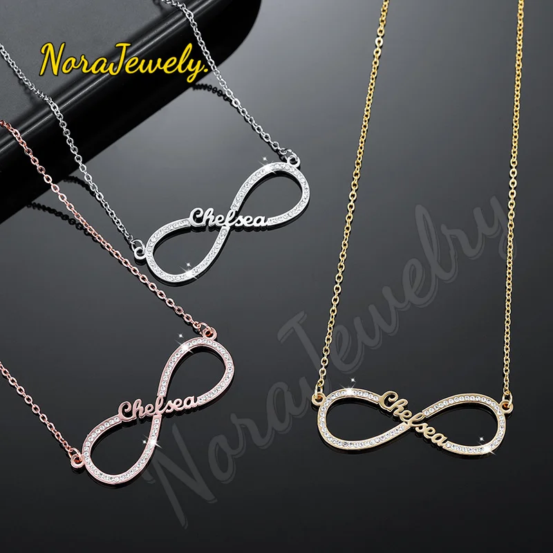 NORAJewelry Custom Infinity loop Name Necklace Personalized Iced Out Necklace StainlessSteel Nameplated Necklaces Christmas Gift