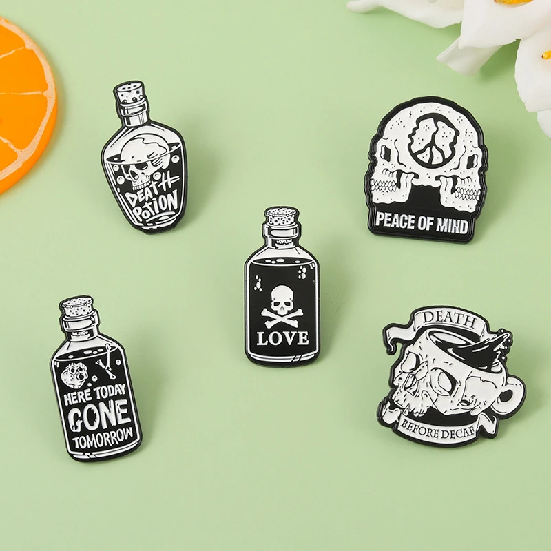 

Punk Skeleton Label Pins Black White Skull Bottle Brooch Cartoon Skull Gothic Brooch Punk Fashion Shirt Bag Badge Accessories