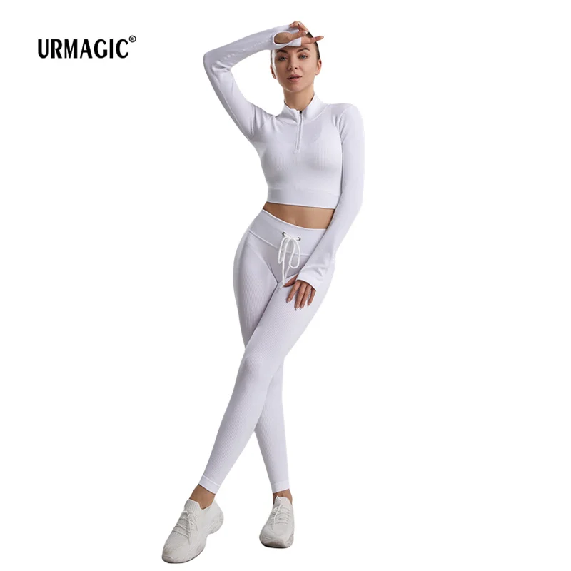

Ribbed Workout Sets For Women Drawstring Leggings Zipper Sport Crop Top Runing Leggings Long Sleeve Shaping Hip Lift Sports Suit