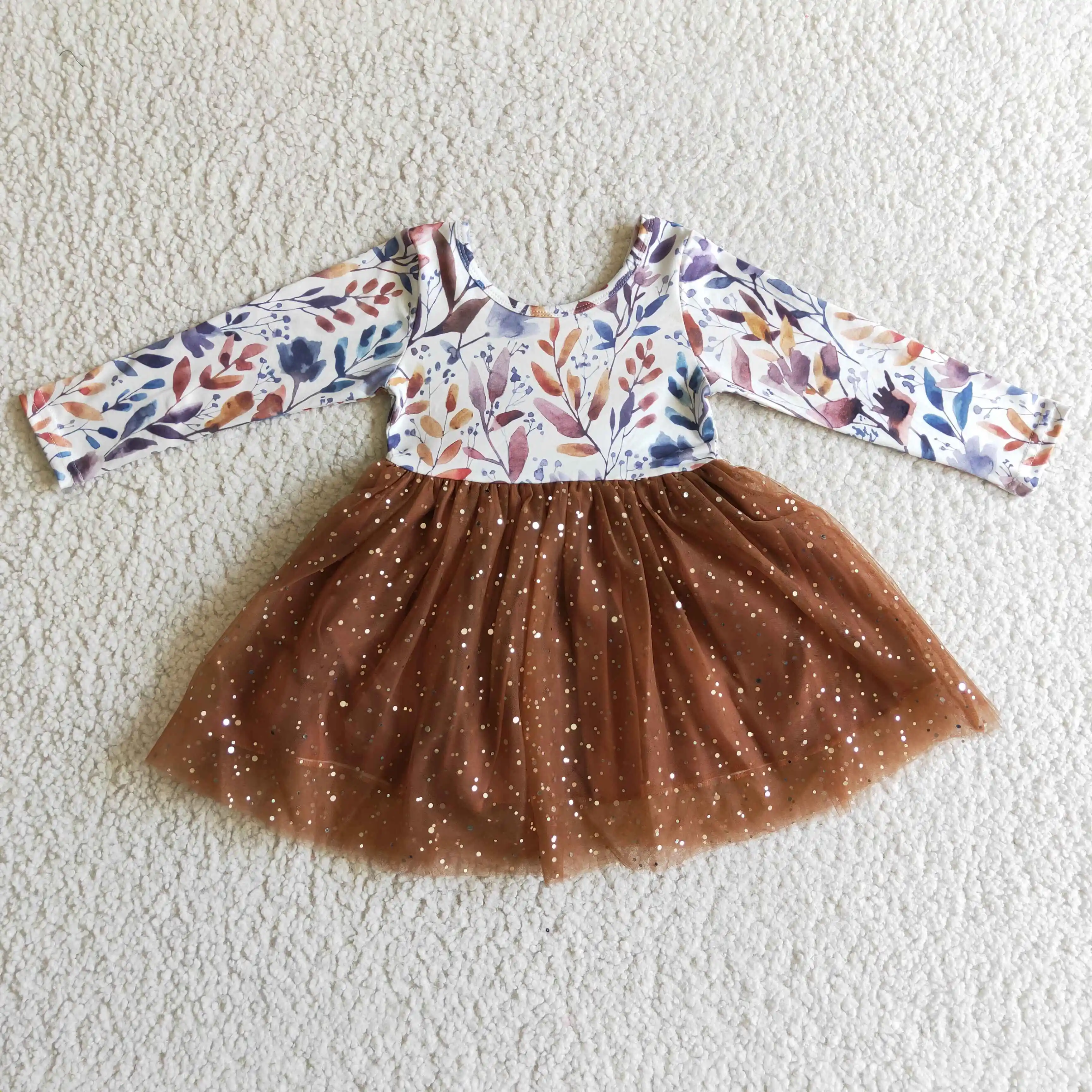 

Fall Leaves Dress Clothing Boutique Baby Girls Long Sleeves Tulle Skirt Clothes Children RTS NO MOQ Brown Twirl dresses