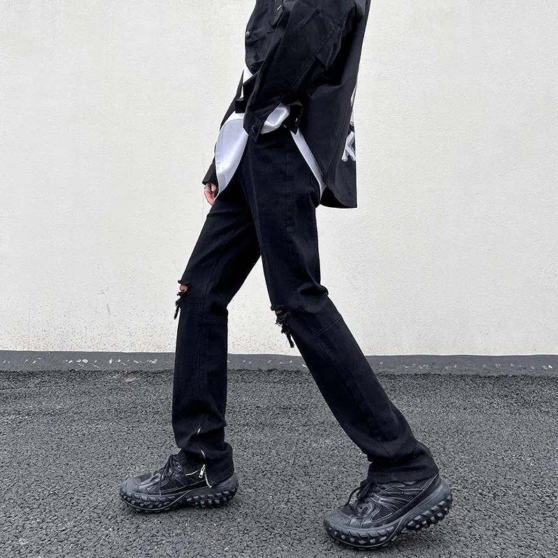 Black Ripped Jeans Men Elastic Fit Fashion Casual Straight Jeans Men Japanese Streetwear Hip-hop Hole Denim Pants Mens Trousers