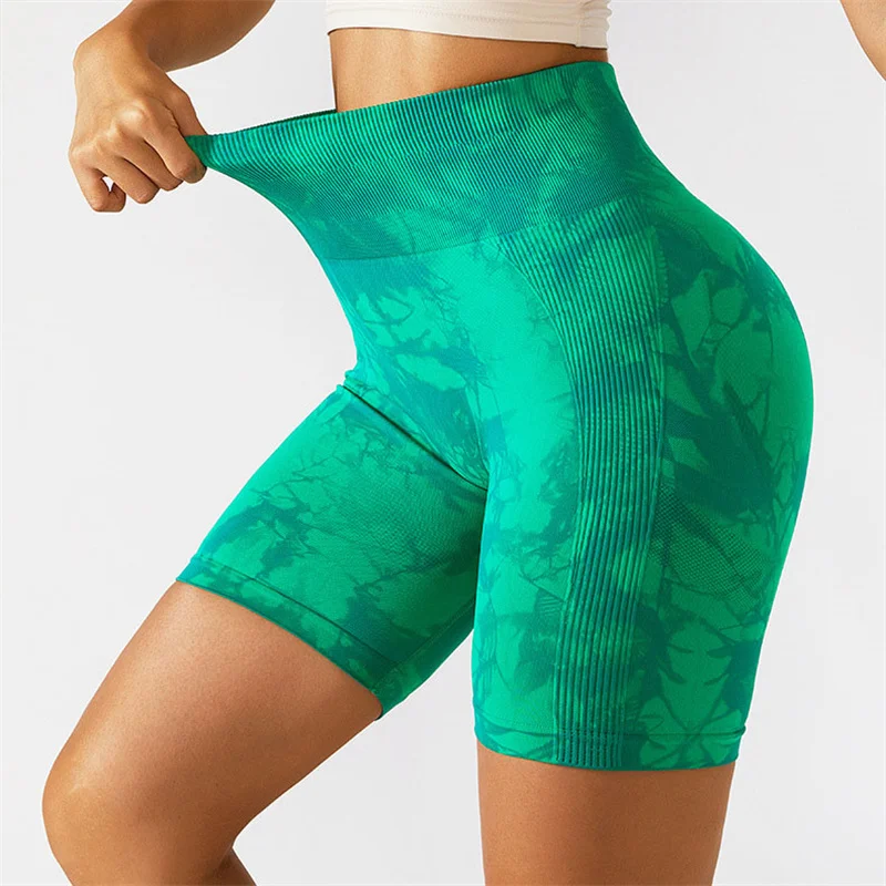 

SHINBENE Tie Dye Seamless Butt Scrunch Yoga Shorts Running Women High Rise Tummy Control Workout Fitness Biker Shorts Plus Size