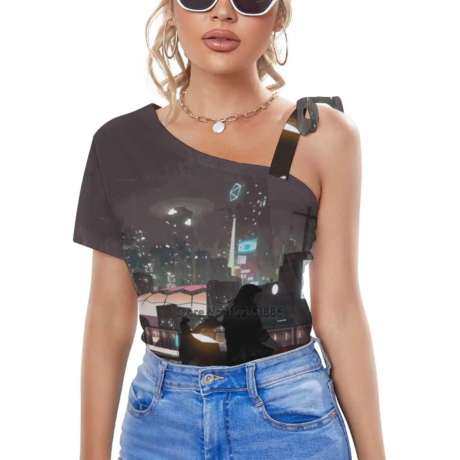 City Women'S Clothing V-Neck Tops Zipper Tee Ladies Casual Sexy T-Shirt City Night Rain Akira Tron Scifi Future Reflection Bike