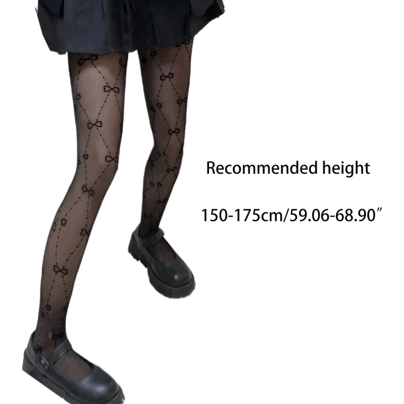 

Women Lolita Thin See Through Pantyhose Harajuku Preppy Style Sweet Flocking Heart Bowknot Diamond Plaid Patterned Sheer Tights