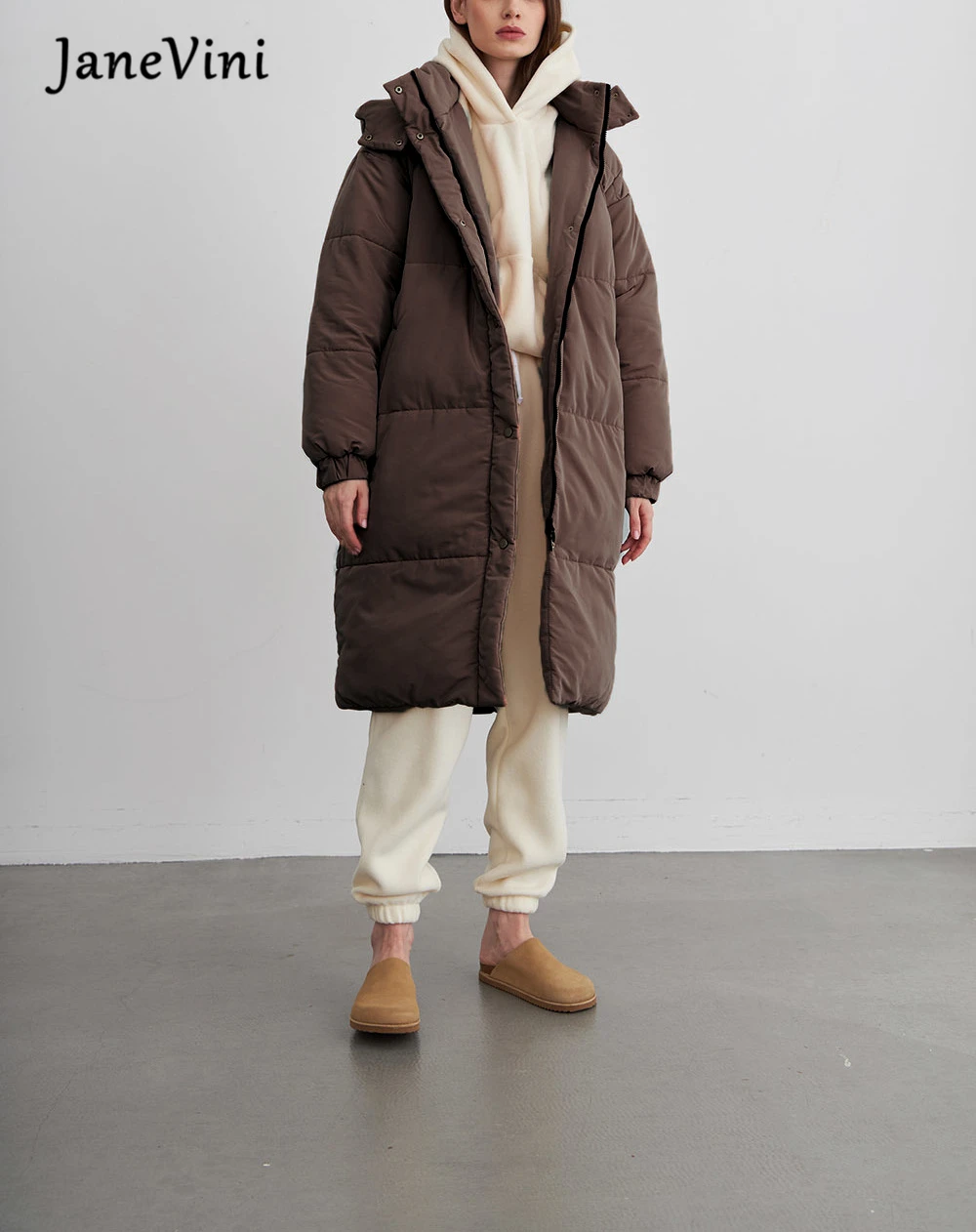 JaneVini New Down Jacket Women Mid-length Hooded Loose Jackets Winter Warm Thick Coats Ropa Mujer Invierno Nueva Tendencia 2023