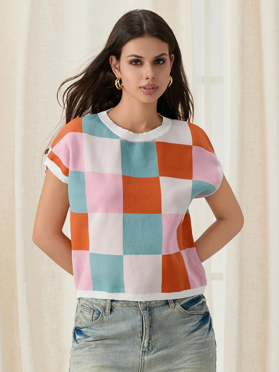 Женские трикотажные топы в рубчик с коротким рукавом и круглым вырезом