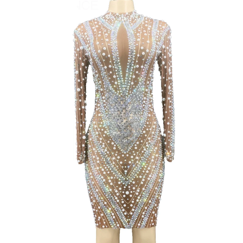 

Стразы сексуальное блестящее короткое платье с жемчугом модное вечернее Прозрачное платье с кристаллами