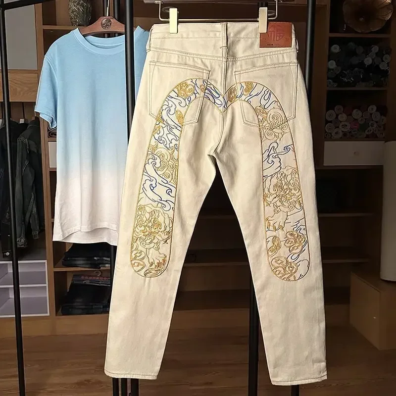 Мужские ковбойские брюки прямые бежевые джинсы с вышивкой и графическим принтом