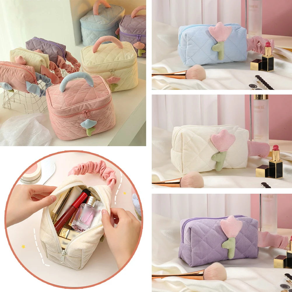 

Fashion Women's Tulip Flowers Pouch Large Capacity Travel Cosmetic Bag Corduroy Zipper Bags Portable Storage Make Up Organizer
