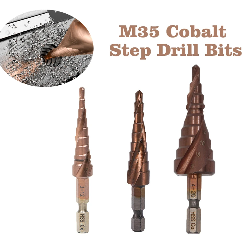 3-12/4-12/4-20mm M35 Cobalt Step Drill Bit Set Tapered HSS-CO HSS Drill Bit Kit Spiral Groove Triangle Shank for Stainless Steel