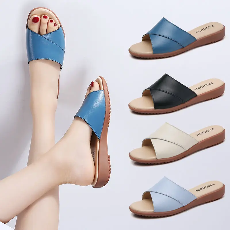 New Summer Slippers High Quality Genuine Leather Woman Sandals Fashion Crossing Slides Flat Beach Shoes Women Slippers