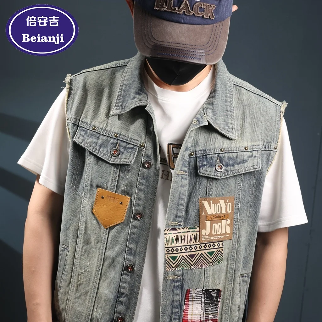Beianji летний винтажный потертый джинсовый жилет для мужчин свободный