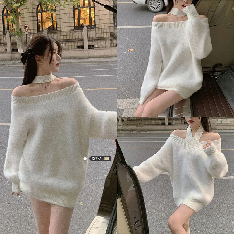 

Fashion Sexy Off-shoulder Pullover Knitted Sweater Pullovers Long Sleeve Casual Simple Solid Color Loose Tops New 2022