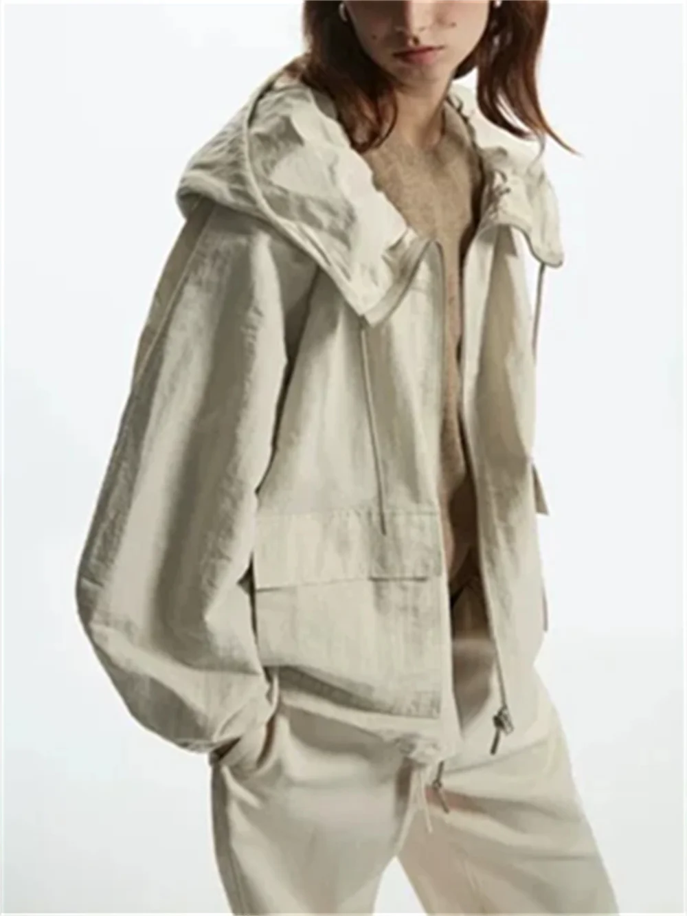 

Women Coat Hooded Loose Zipper Fly Drawstring Long Sleeve Solid Pockets Jacket Casual Early Spring New 2023