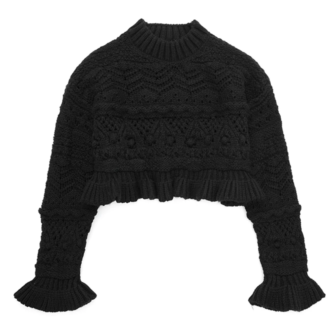 

Jenny&Dave Indie Folk Black Color Jacquard Weave Tassles Short Sweaters Women Tops