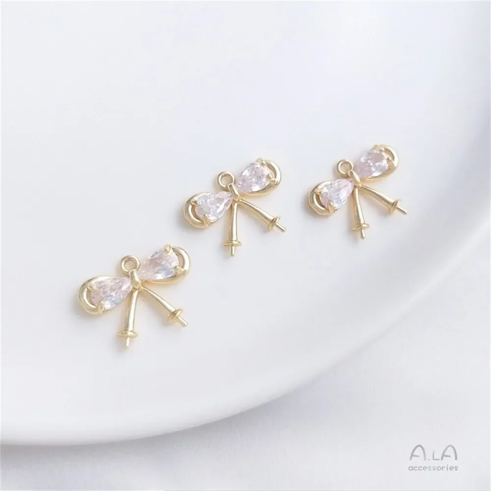 14-каратное золото инкрустированный цирконом бант с полуотверстием подвеска