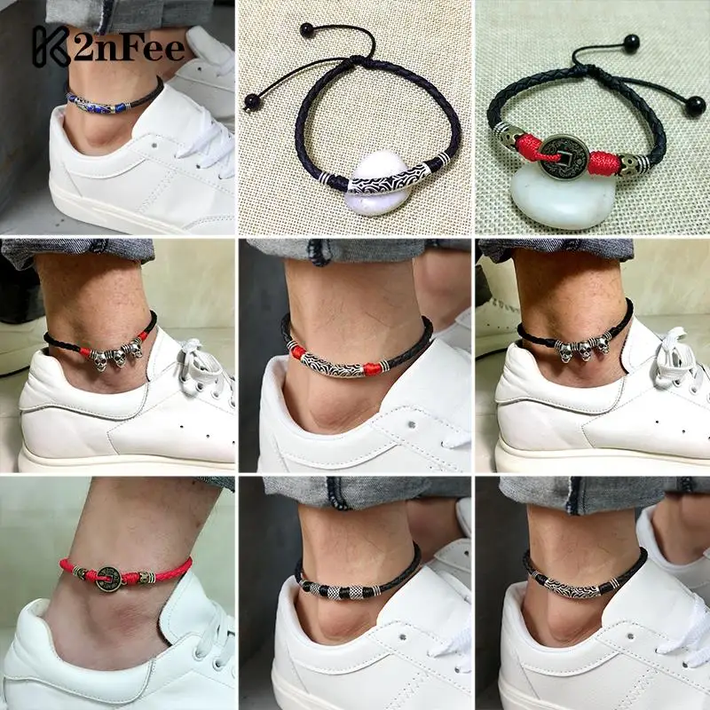 1pcs Men Adjustable Handmade Rope Anklet For Men Wax Rope Soft Leather Lucky Anklet Men Jewelry Ankle Sandal Beach Foot Chain