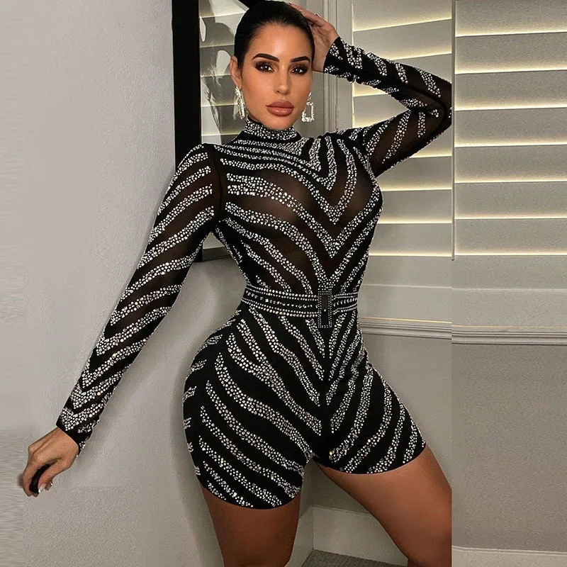Sparkly Crystal Rhinestone Party Club Playsuit Shorts Jumpsuits Women Long Sleeve Sheer Mesh Bodycon Rompers Womens Jumpsuit