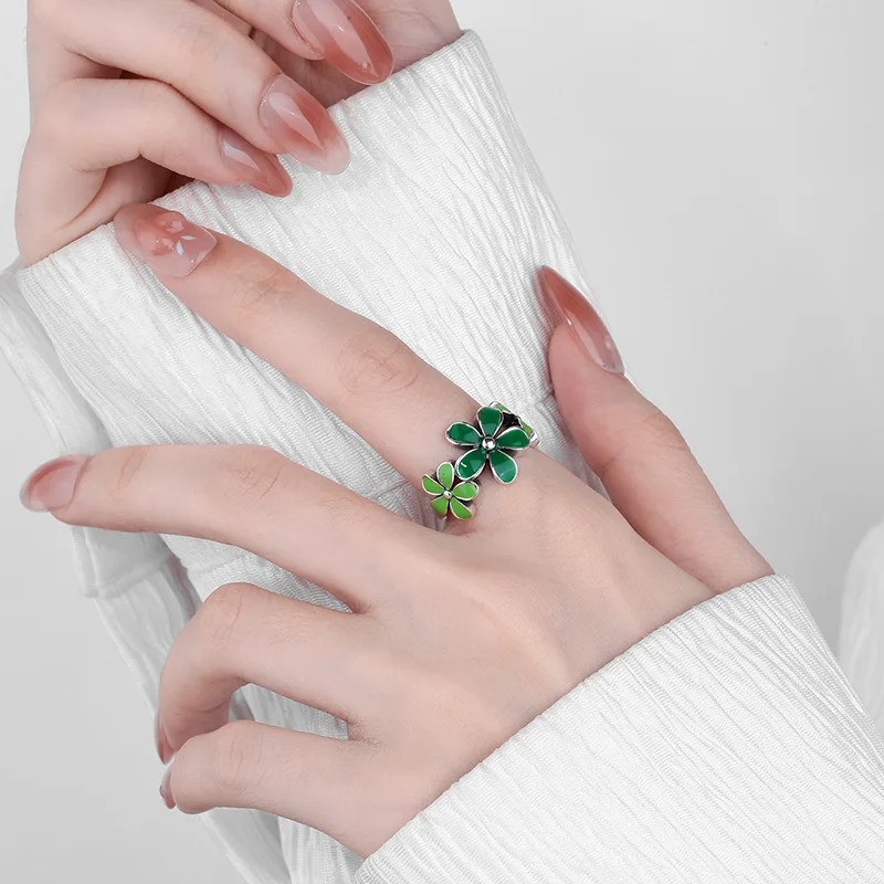 

Korean Fashion Green Drip Glaze Flower Open Rings for Women Cute Sweet 925 Sliver Plated Open Ring Y2K Elegant Jewelry Gift
