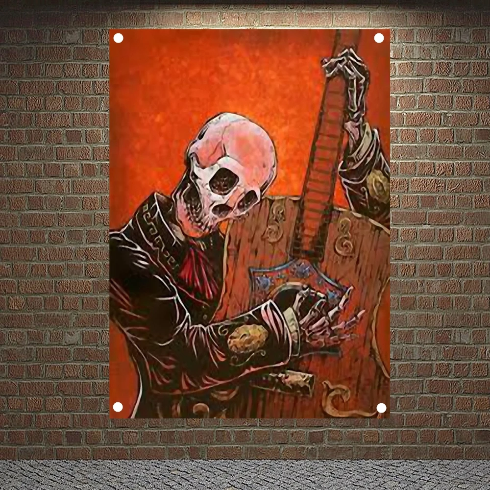 

Skeleton guitarist Banners Flags Skull Tattoo Posters Macabre Art 4-hole Wall Hanging Tapestry Bar Cafe Tattoo Studio Decoration