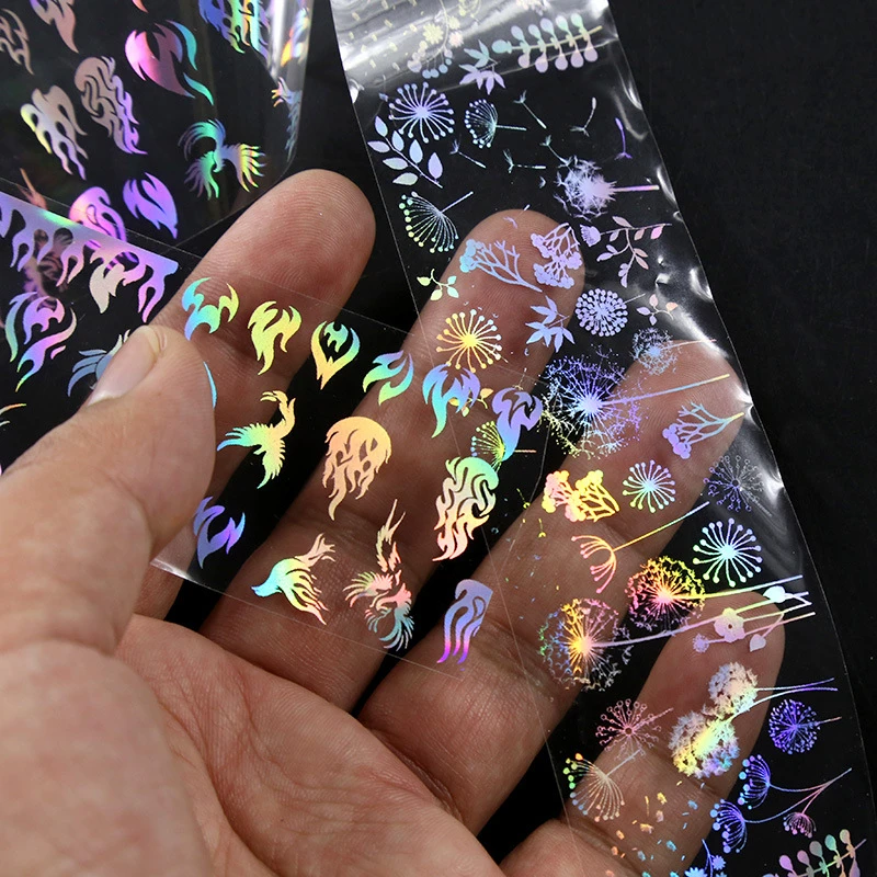 

4x100cm/Roll Holographic Laser Nail Foil Flame Dandelion Panda Bamboo Holo Nail Art Transfer Sticker Water Slider Nail Art Decal