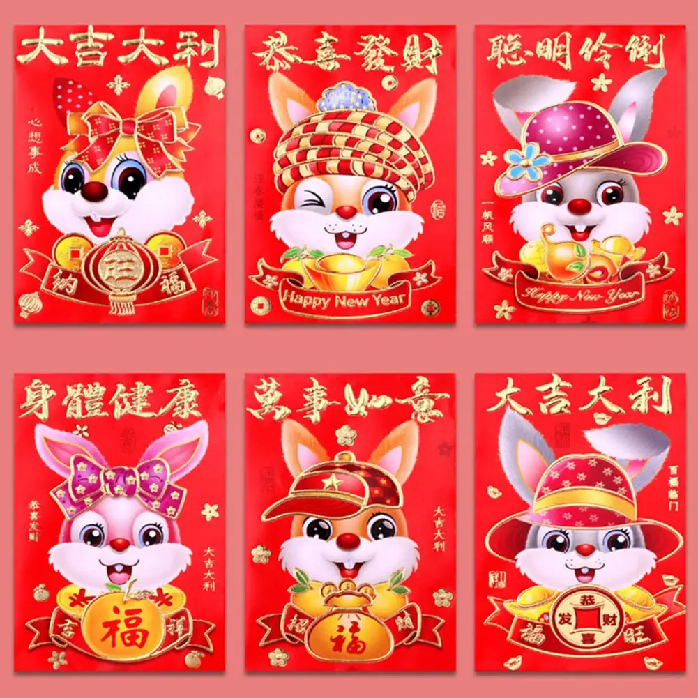 

6Pcs Creative Portable Beautifully 2023 Rabbit Patterns Red Packet for Festival Cartoon Red Envelopes Chinese Red Envelopes