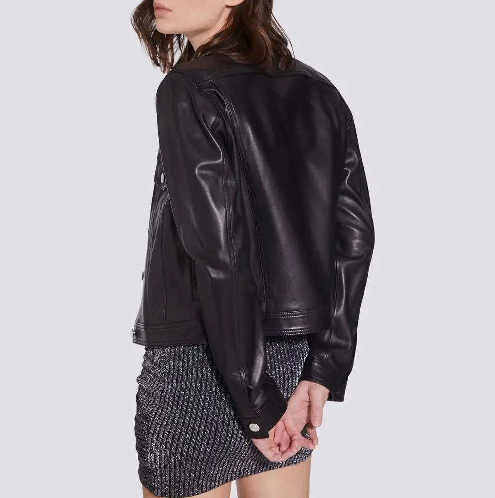 Women's Black Genuine Lambskin Leather Jacket Women Trucker Leather Coat