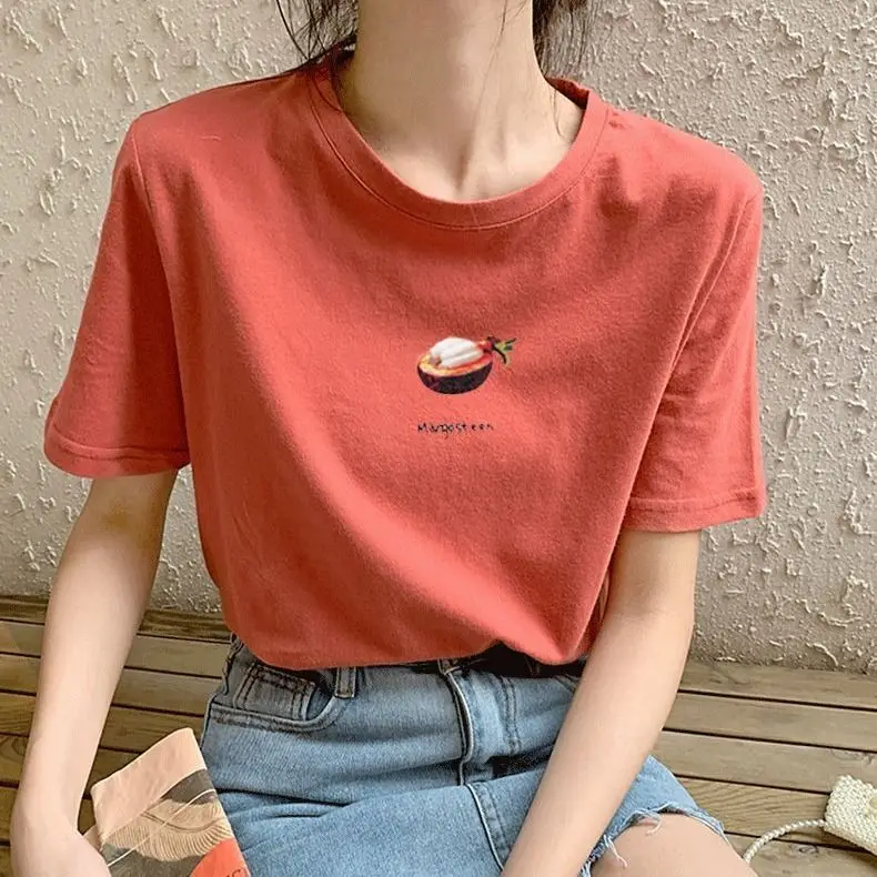 

Pulovers T Shirt Graphic Clothes Aesthetic Women's T-shirt Summer Round Neck Casual Short Sleeve Loose Tops Korean Fashion Red
