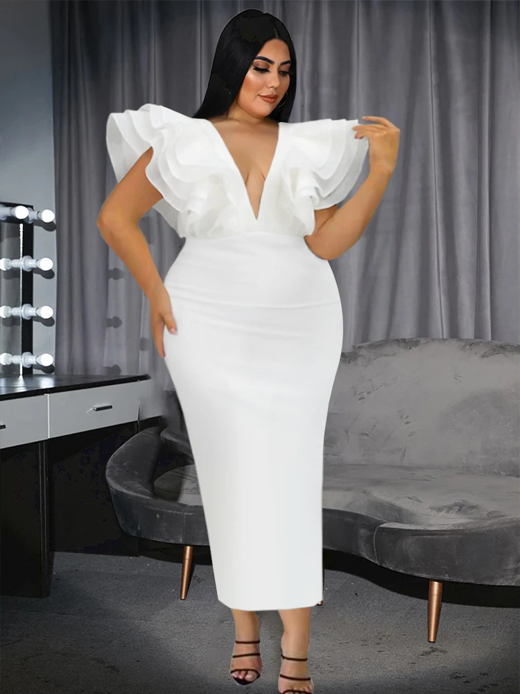 Plus Size White Sexy Party Dress Women Deep V Neck Sexy Party Maxi Backless Robe Tierred Ruffle Sleeve Cocktail Wedding Guest