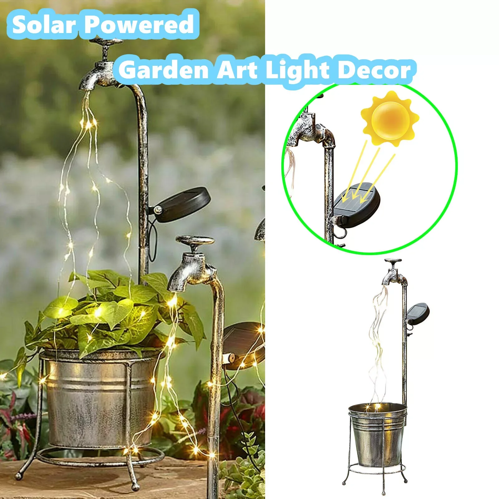 

NEW2023 Garden Art Metal Watering Can Stake With Lights Decor Solar Power Water Faucet Planter Light Lawn Art Outdoor Home Decor