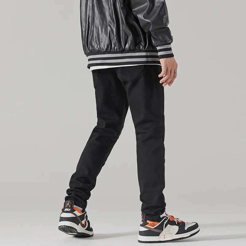 High Street Fashion Men Jeans Elastic Stretch Slim Fit Spliced Biker Jeans Men Black Punk Trousers Hip Hop Denim Pants Hombre