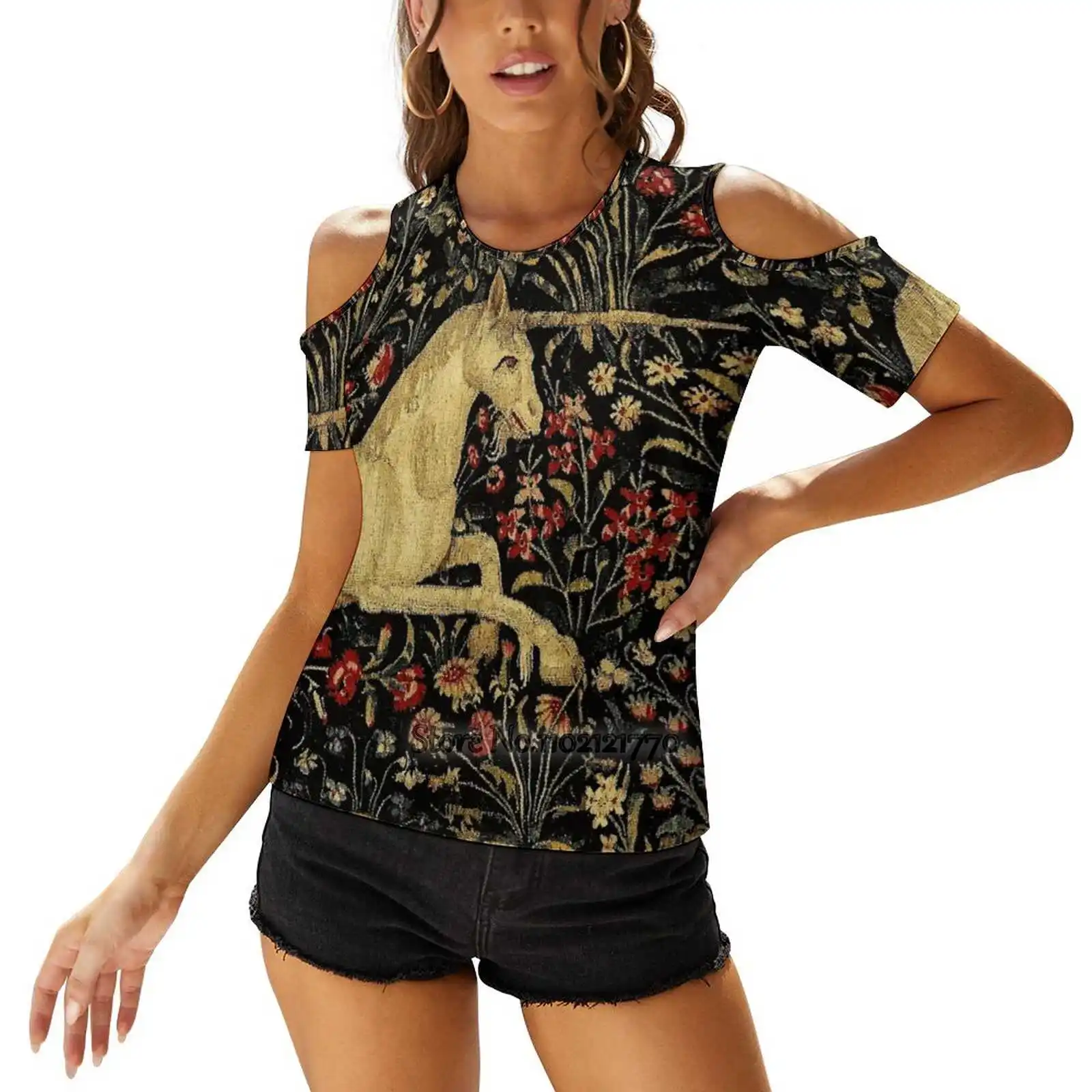 

Medieval Unicorn Midnight Floral Tapestry Women T-Shirt Back Lacing Casual Short Sleeve Tops Summer Tees Unicorn Unicorn