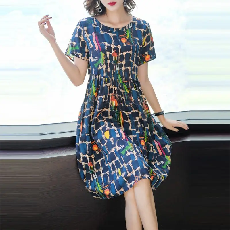 

Summer Round Neck Loose Long Dress for Women Elegant Print Fashion Short Sleeve Dress Female Knee Length Dress Casual V68
