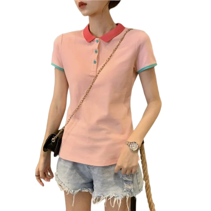 

Polo collar contrast short sleeve women's ins fashion slim fit versatile top