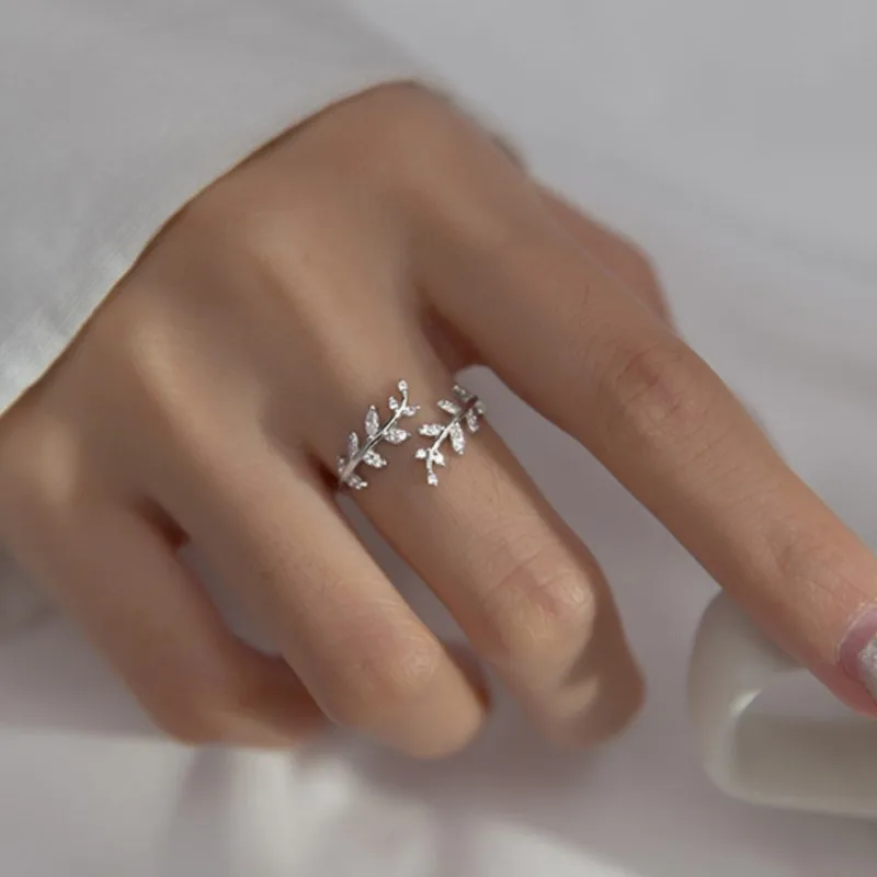 

925 Sterling Silver Adjustable Zircon Leaf Ring For Charming Women Party Wedding Minimalist Fine Jewelry Gift Accessories C004
