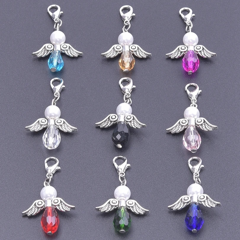 

9pcs/Lot Handmade Angel Wings Pendant Charms For Jewelry Making Supplies Pearl Beads Lobster Clasp DIY Colored Accessories Charm