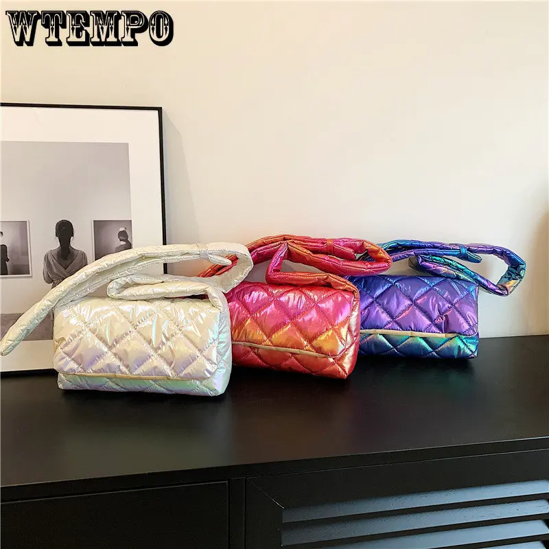 Quilted Women Messenger Bag Fashion Check Cotton-Padded Bag Nylon Buckle Autumn Winter Flap Soft Solid Color for Shopping Travel