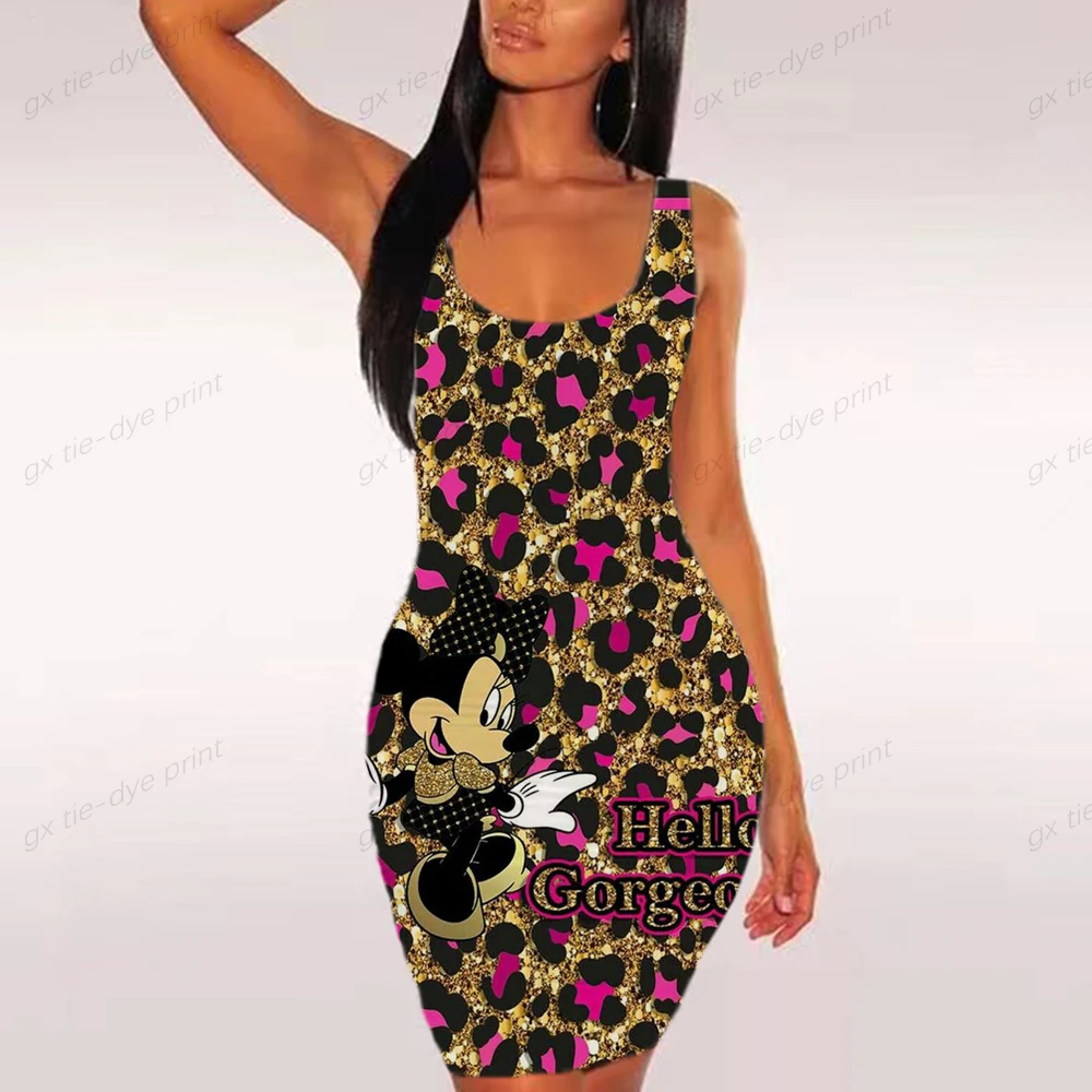 Платье женское летнее облегающее без рукавов с принтом Минни и Микки Маус -