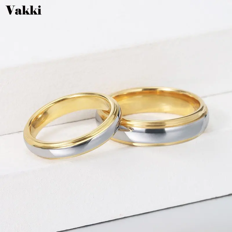 

VAKKI 6mm 4mm Tungsten Carbide Ring Width Domed Polished Step Gold Color Plating Tungsten Steel Ring Wedding Band Comfort Fit