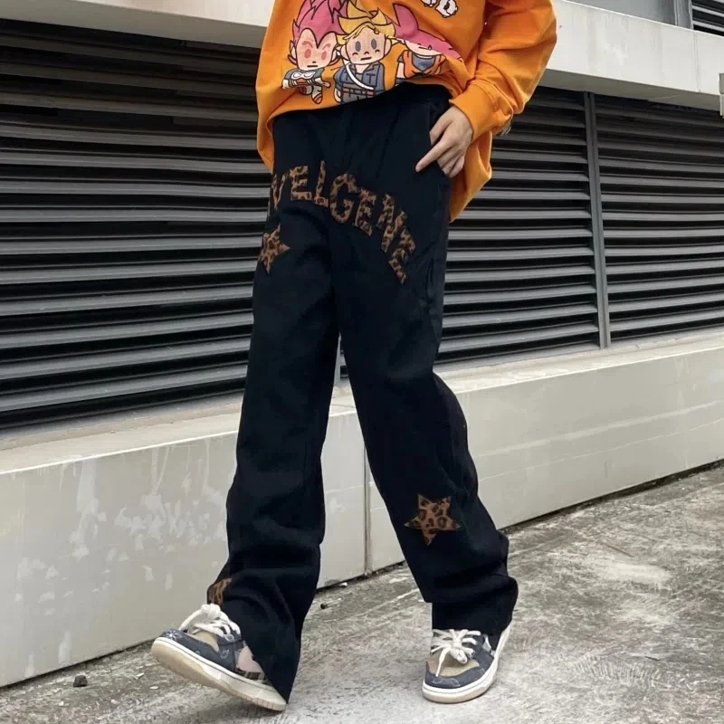 Autumn Winter Star Embroidered Jeans Men'S Fashion Brand Straight Loose Hip Hop Fried Street Wide Leg Pants Streetwear Unisex