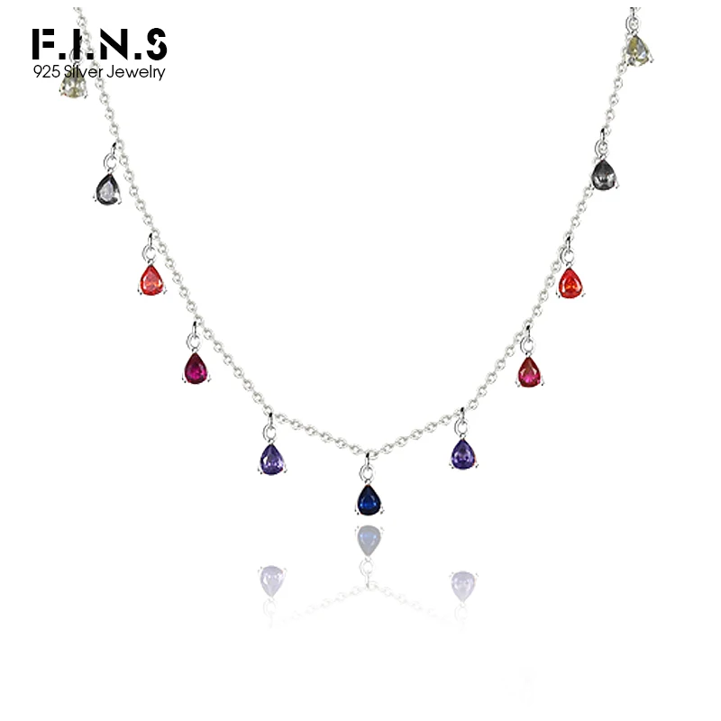 

Ожерелье с разноцветными драгоценными камнями F.I.N.S, цепочка из стерлингового серебра 925 пробы с радужными каплями воды и зеркальными фианит...