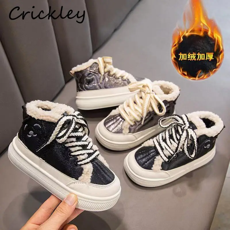 

Winter Solid Children Sports Shoes Design Lace Up Platform Sneakers For Boys Girls Warm Plush Thick Anti Slip Kids Casual Shoes
