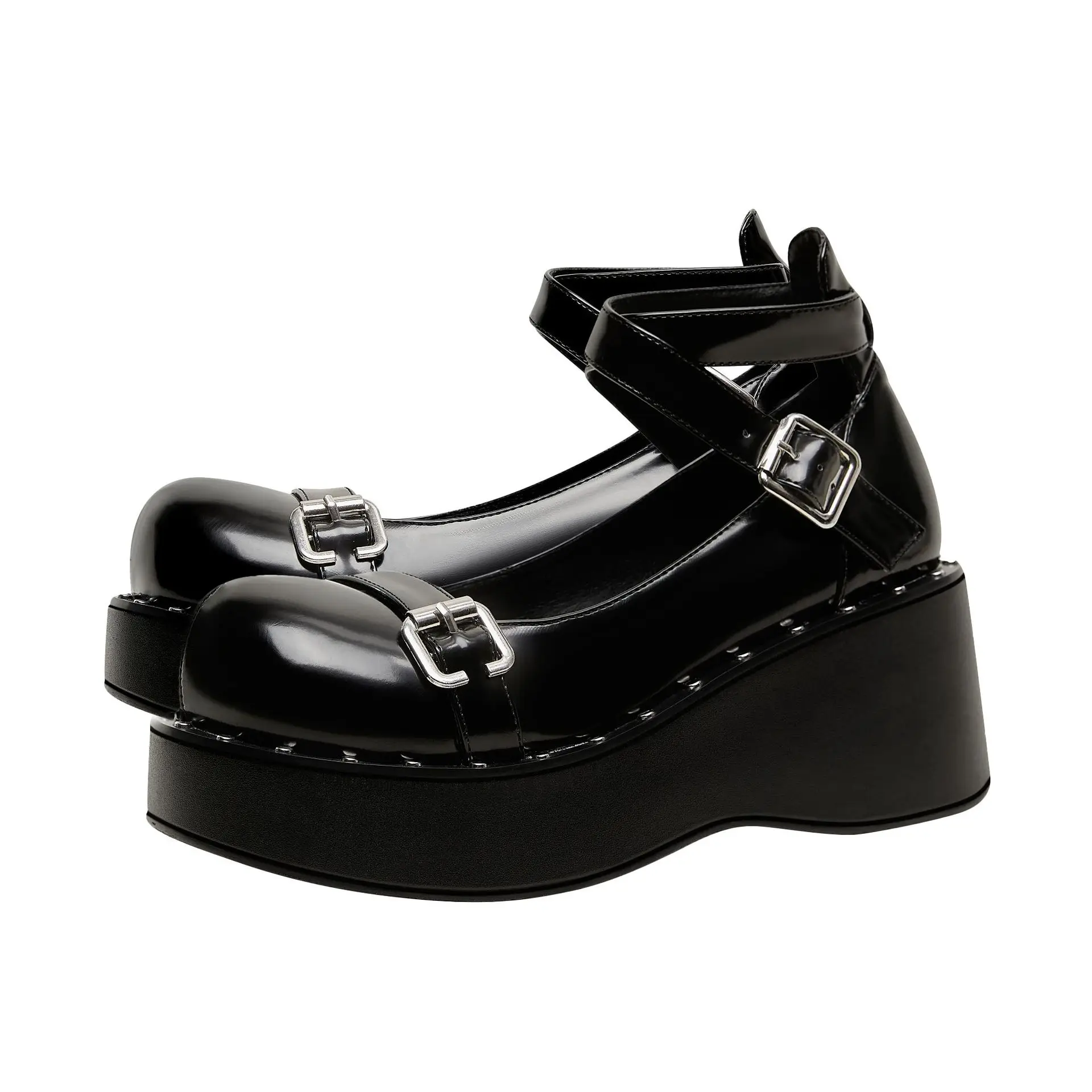 

Туфли-лодочки на танкетке с круглым носком и перекрестной пряжкой