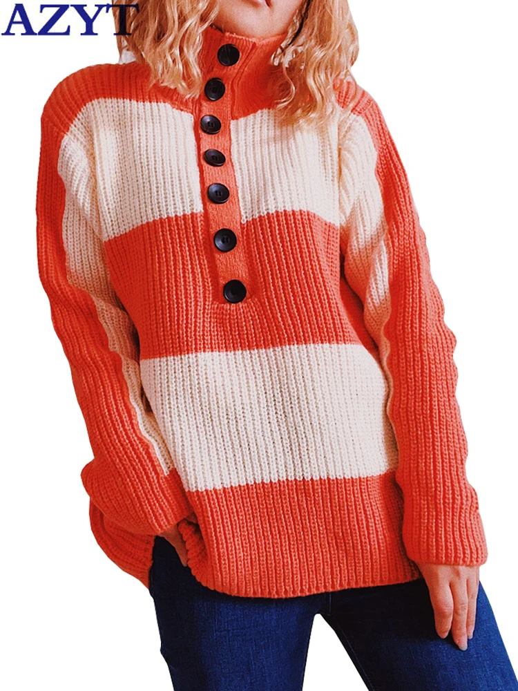 

AZYT Striped Turtleneck Sweater Women Pullover Casual Button Knit Jumpers Female Tops Autumn Winter Knitwear Woman Sweater 2022