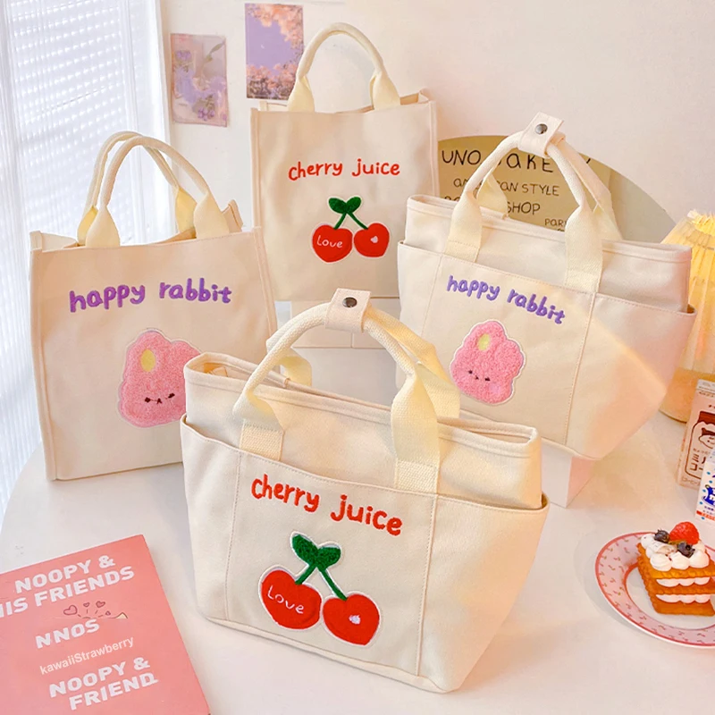 

Cute Cherry Lunch Bags For Women Girl Kids Kawaii Canvas Portable Lunch Box Tote Bag Bento Pouch Office School Food Storage Bags