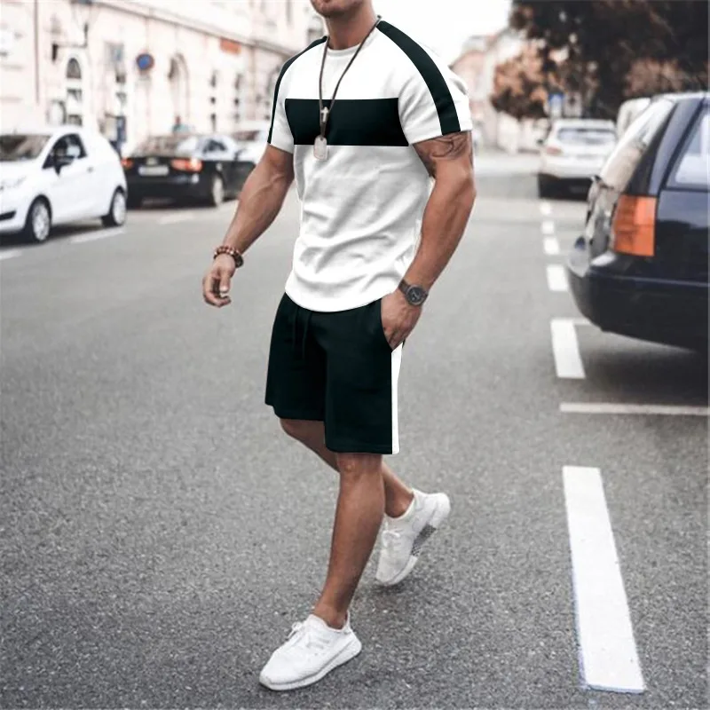 

Summer Men‘sTracksuit Stitching Print Retro Streetwear Oversized Short Sleeve Shorts Two Piece Set Casual Fashion Man Clothing