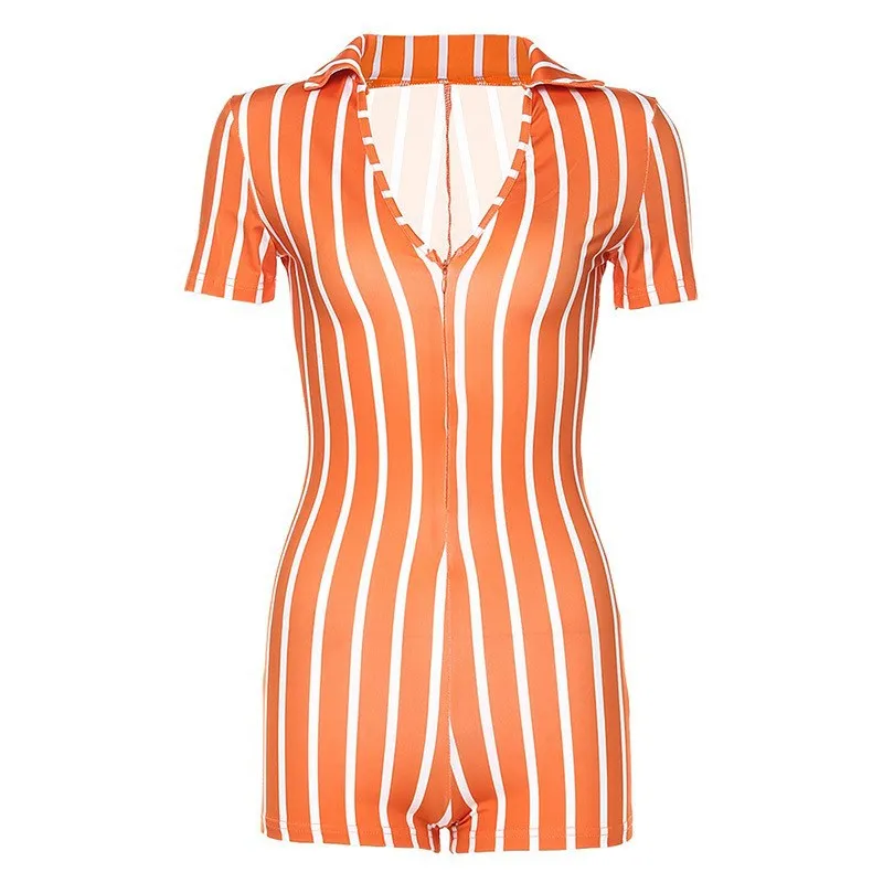 

2022 Fashion Casual Street Jumpsuit Women Hip Black Red Orange Striped Short-sleeved Shorts Jumpsuit Sexy Jumpsuit