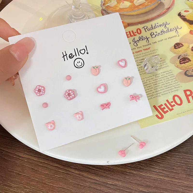 

Pink Fresh Sweet Girl Earrings Set 925 Silver Pin Love Heart Peach Flowers Cute Gentle Bow New Earring Fashion Jewelry Korean